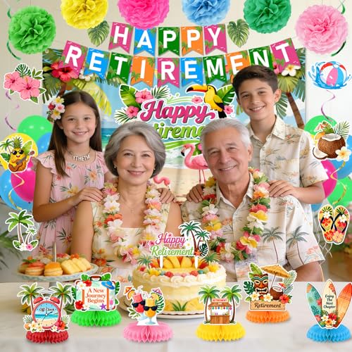 Image of Luau Hawaiian Retirement Party Decorations Tropical Happy Retirement Banner Backdrop with Honeycomb Pom Poms Centerpieces Hanging Swirls Beach Summer Retirement Party Supplies