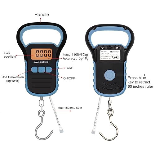 Vista 5 de Báscula de pesca impermeable con pinza de labio, báscula de equipaje colgante postal de 110 libras con gancho, báscula de mano digital con cinta