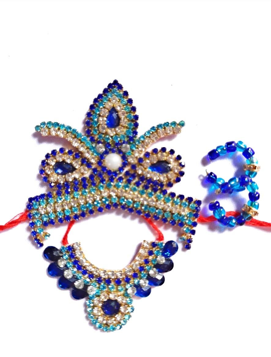 Laddu Gopal Handmade Zircon Jewellary Set/Decorative Mukut, Mala, Bangles Set Gopal Sringar Set (4-5 Size,Blue)