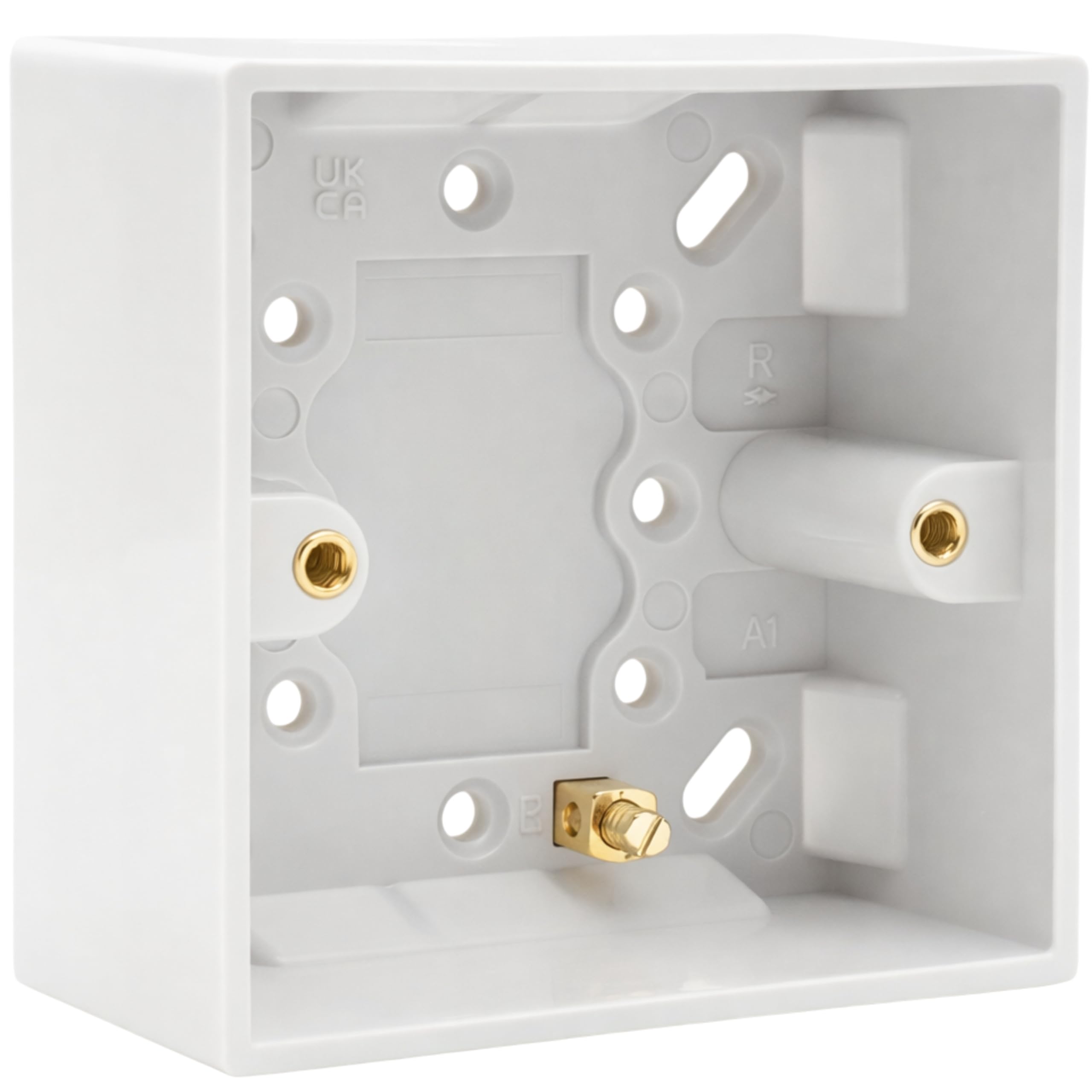 1 Gang 47mm Surface Pattress Box - Square 85x85mm White Back Box, BS5733 Compliant, Electrical Surface Mount Box