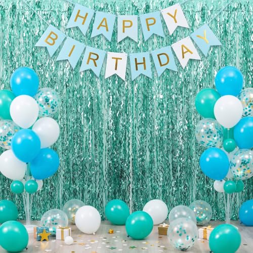 Image of TONIFUL 2Pcs Mint Green Blue Metallic Foil Fringe Curtain Laser Streamers | 3.3ftx6.6ft Ocean Themed Birthday Photo Booth Backdrop Door Streamer for Bachelorette Baby Shower Summer Pool Beach Party