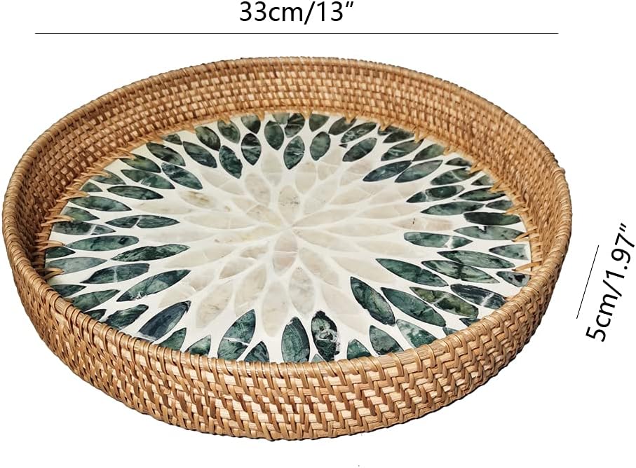 13 Inch Round Rattan Woven Tray Basket with Beige Dark Green MOP Flat Bottom, Boho Wicker Coffee Table Serving Tray Décor Circle with 2 Inch Wall, Handmade Display Basket for Dining Room, Exxacttorch