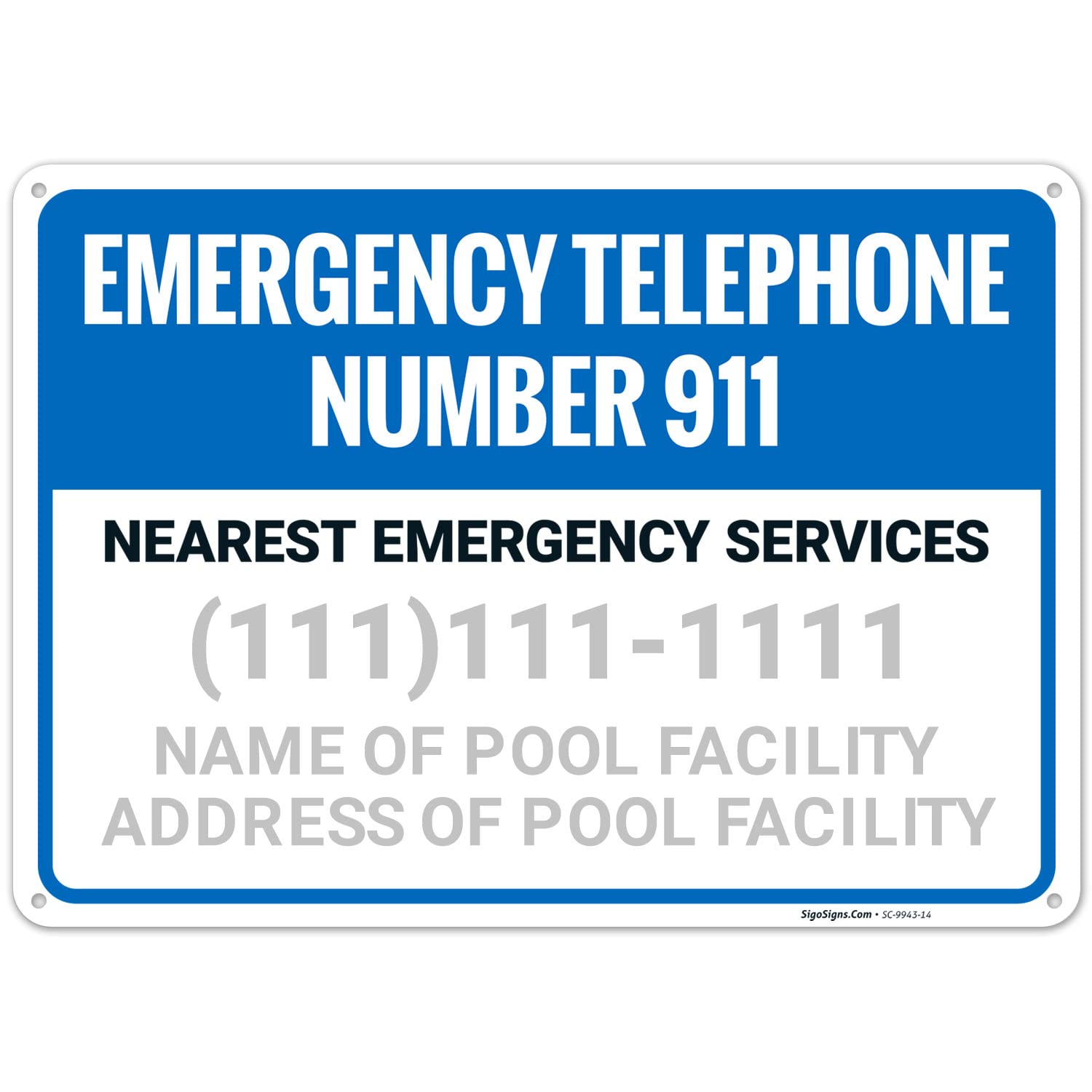 Custom Emergency Telephone Number 911 Sign, 10x14 Inches, Rust Free .040 Aluminum, Fade Resistant, Made in USA