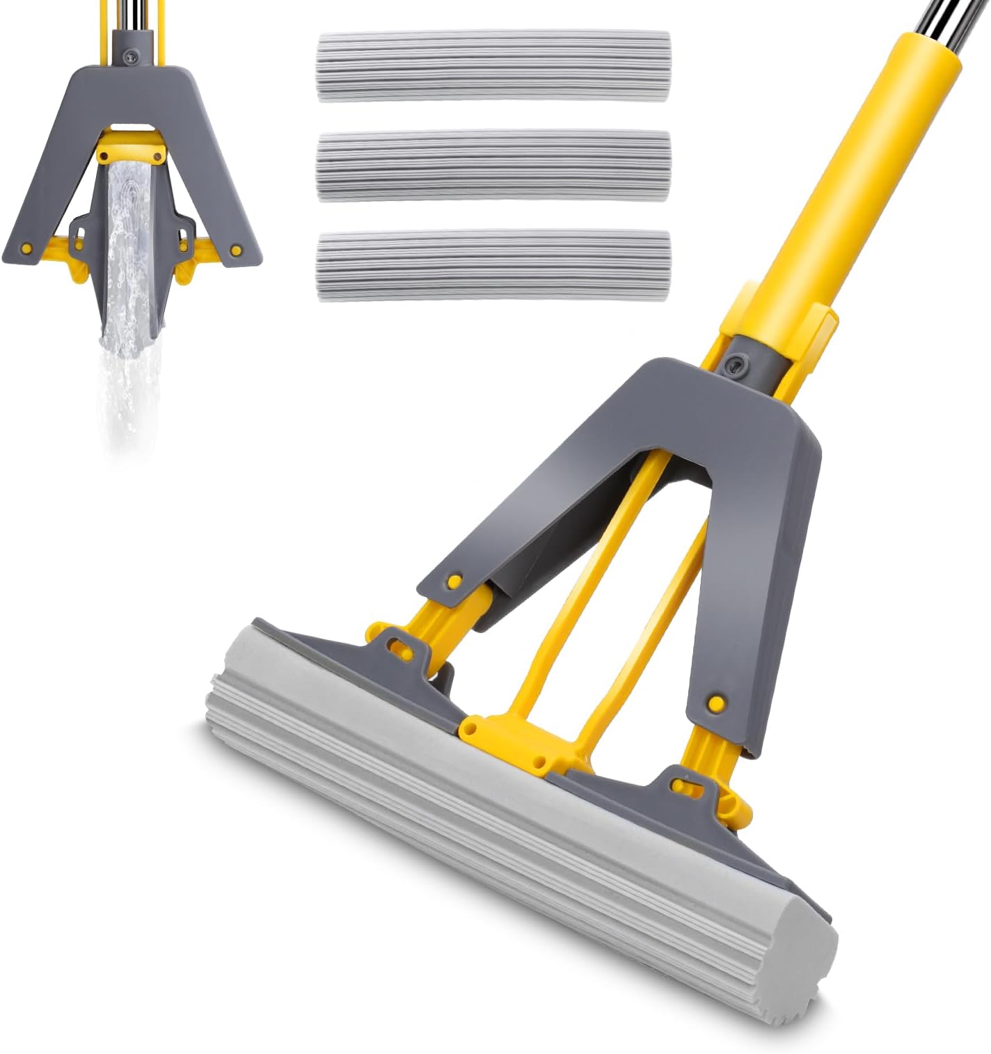 Sponge Mop, Sponge Roller Foam Mop, Telescopic Stainless Steel Handle, Folding Self Squeeze Sponge Mop, 3 Mop Head Refills, for Tile Marble Laminate Surface and More
