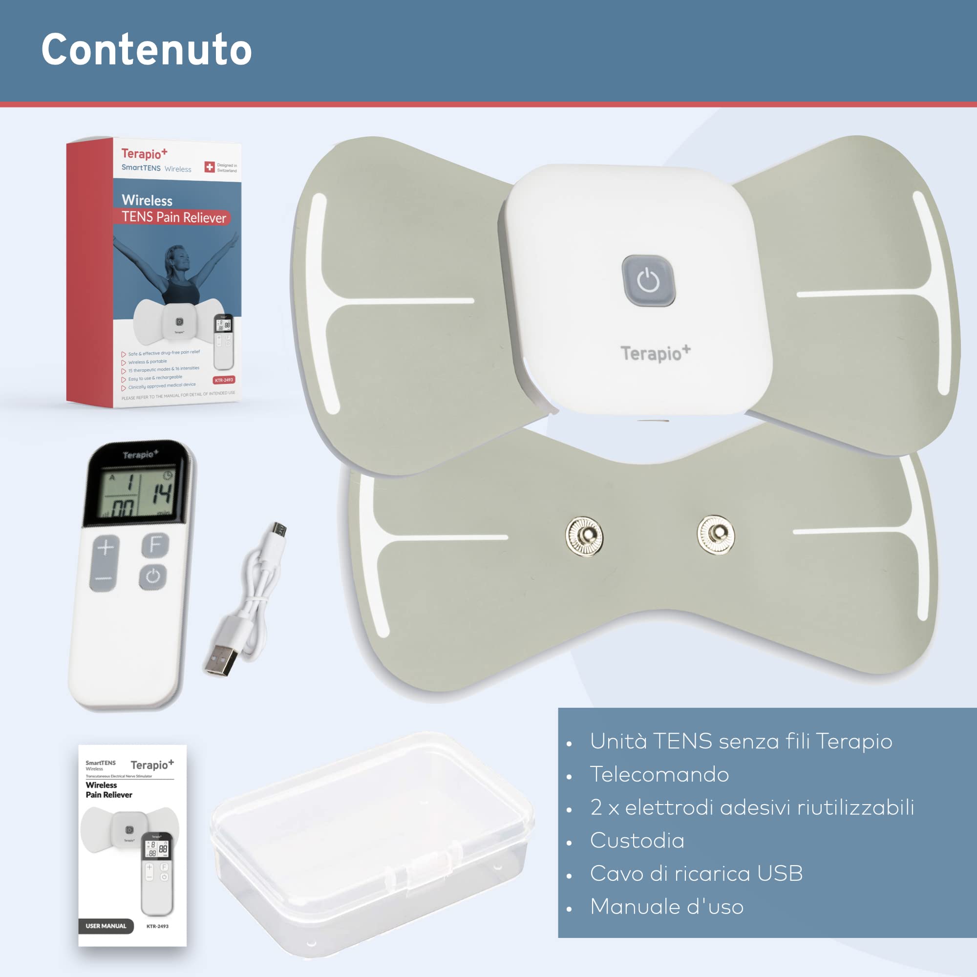 Elettrostimolatore Antidolorifico TENS Wireless. Dispositivo TENS portatile Senza Fili. Elettrostimolatore Muscolare con Telecomando. Ricaricabile 15 modalità per il Trattamento del Dolore