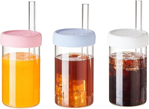 Miniatura 1 de Sweejar Vasos de vidrio con tapas y pajitas, vasos para beber con tapas de silicona y popote de vidrio, vaso de café helado, lindos vasos de agua,