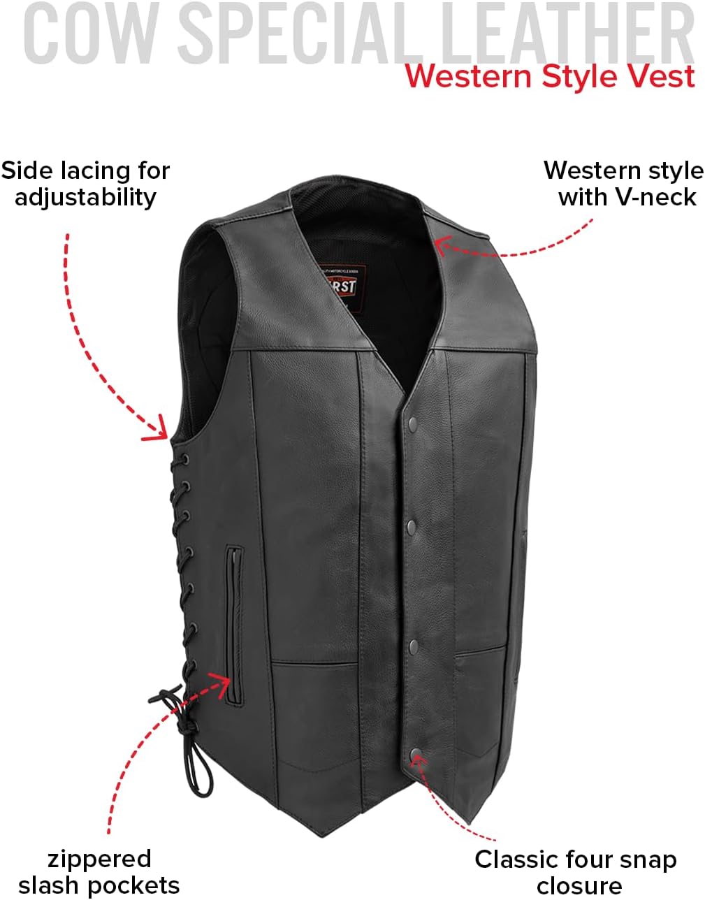 First Mfg Co - Top Biller - Men's Motorcycle Biker Riding Black Leather Vest