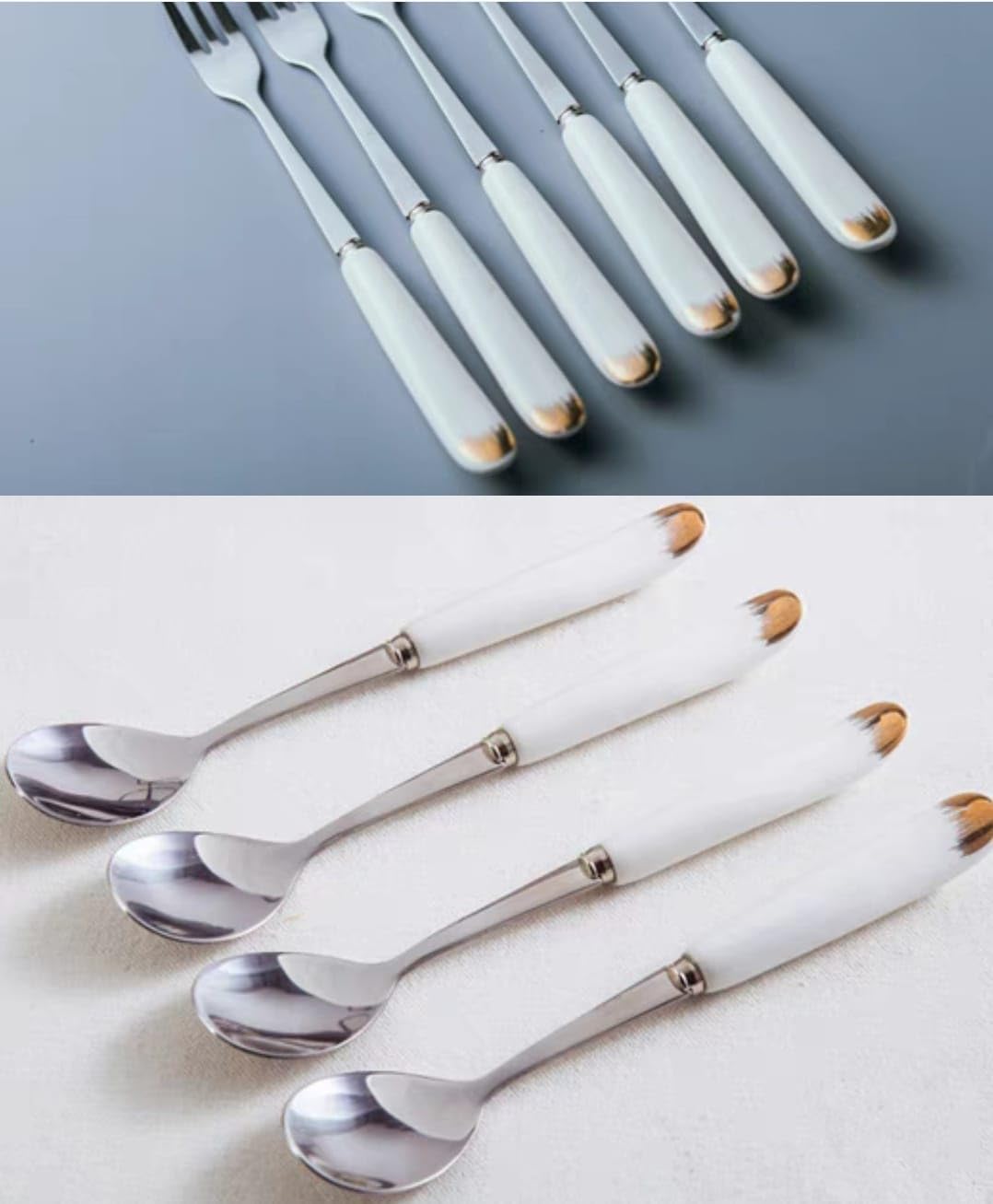 Rasikvar Dinner Spoon & Fork Set, Ceramic Handle Stainless Steel Dessert Cutlery Spoons & Forks, Table Spoon Set & Fork Set, Length 14cm for Home, Kitchen, or Restaurant (White, 6 Pcs Set)