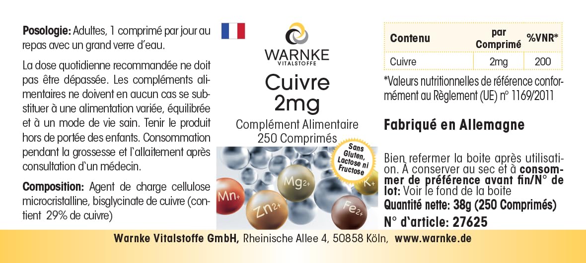 Rame 2mg - 250 compresse, ciascuna contenente 2mg - Bisglicinato di rame - ALTO DOSAGGIO - Qualità farmaceutica tedesca - vegano | Warnke Vitalstoffe