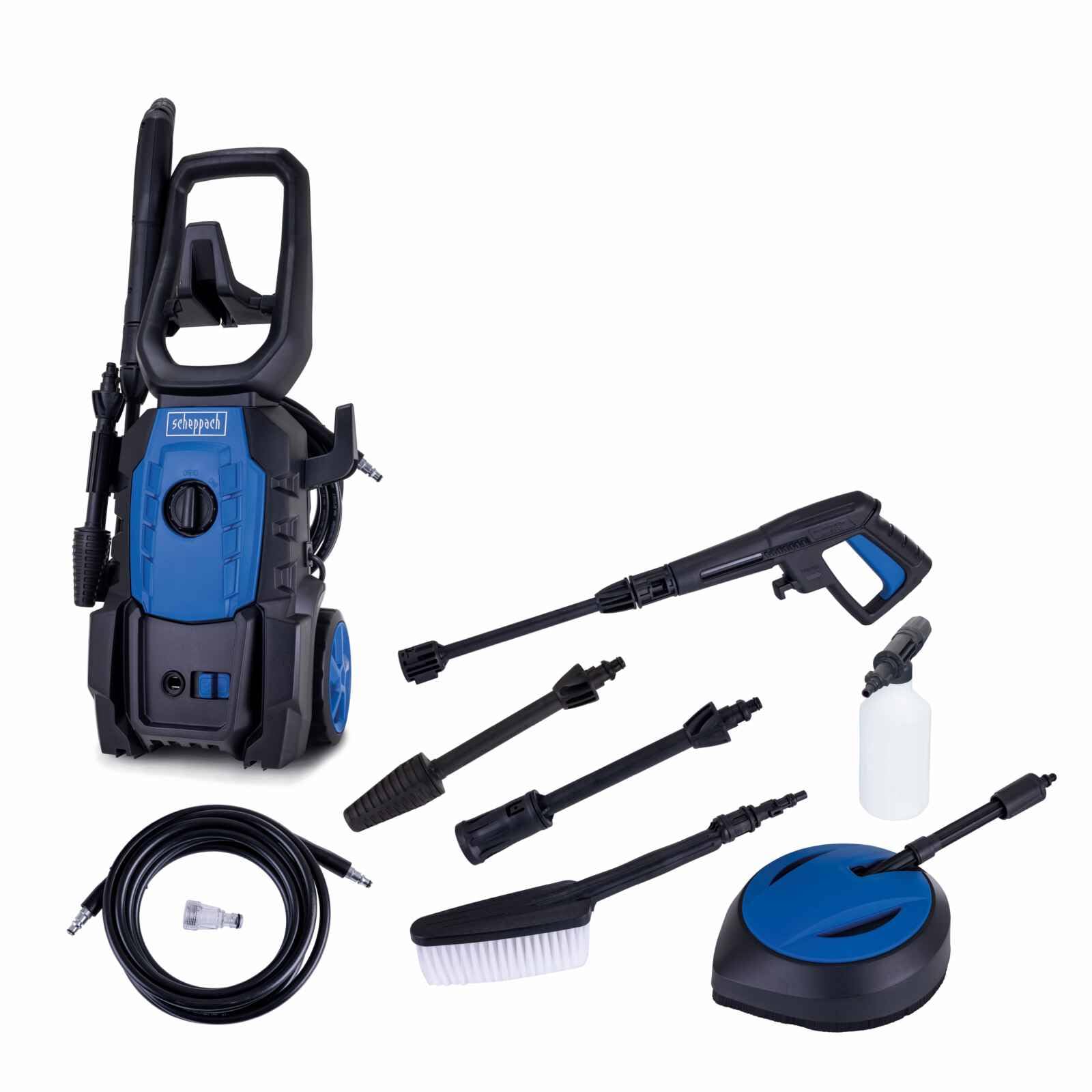 Scheppach HPC1600-KIT Pressure Washer, 1600W, 135bar, 420L/h Flow Rate, 5m Hose, Quick-Connect Accessories Kit