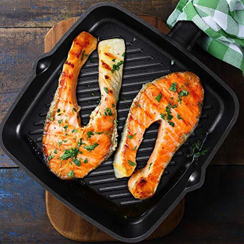 Frying Pan 11 inch, Deep Square Grill Pan for Steak, Fish and Meat, 6mm Forged Cast Aluminum with Easy Grease Draining, Filter, Dishwasher Safe/Gift Box Included