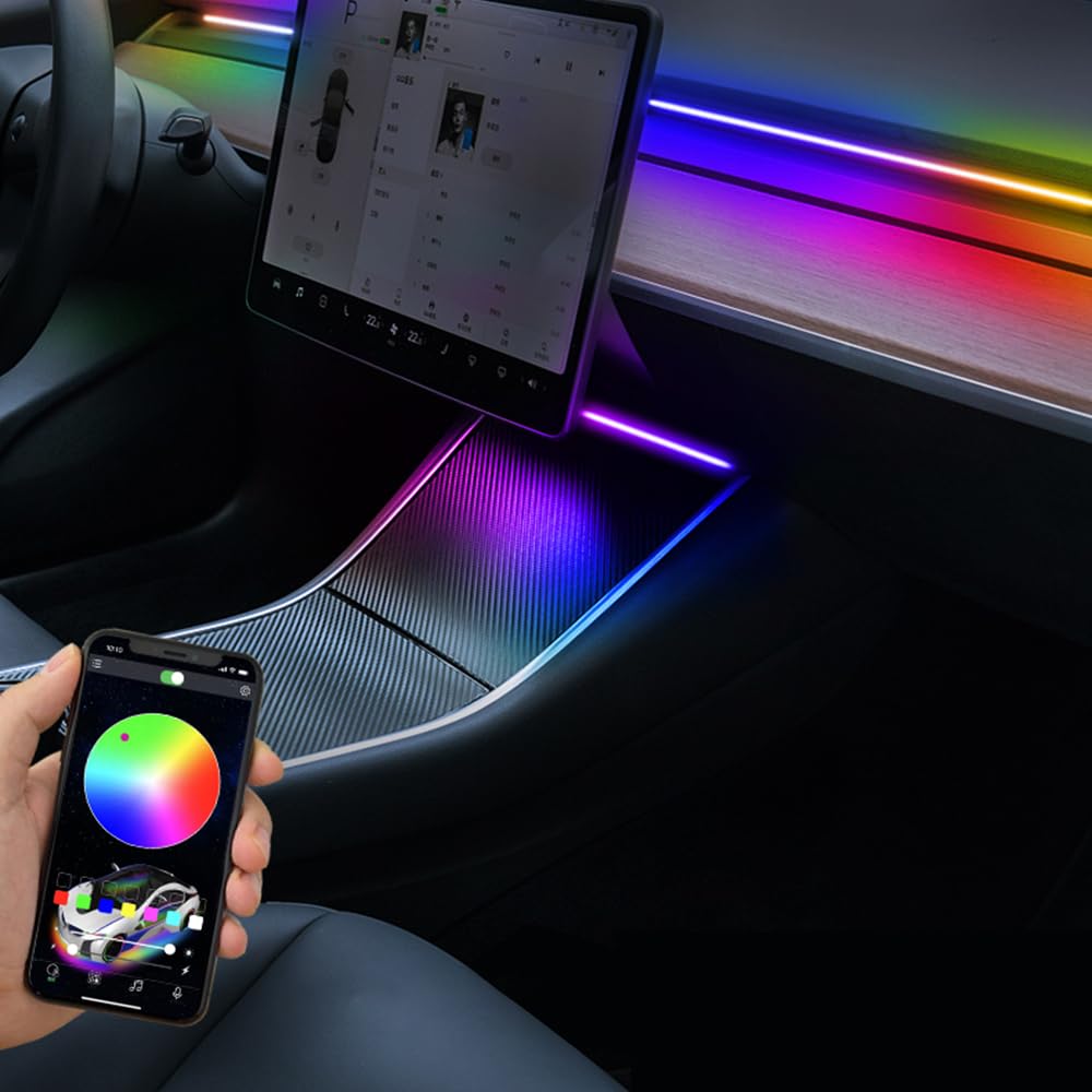 Tesstudio Center Console + Dashboard Ambient Light for 2021-2023 Tesla Model 3/Y Interior Light, Dynamic Chasing Music Sync Neon Tesla Ambient Lighting Kits
