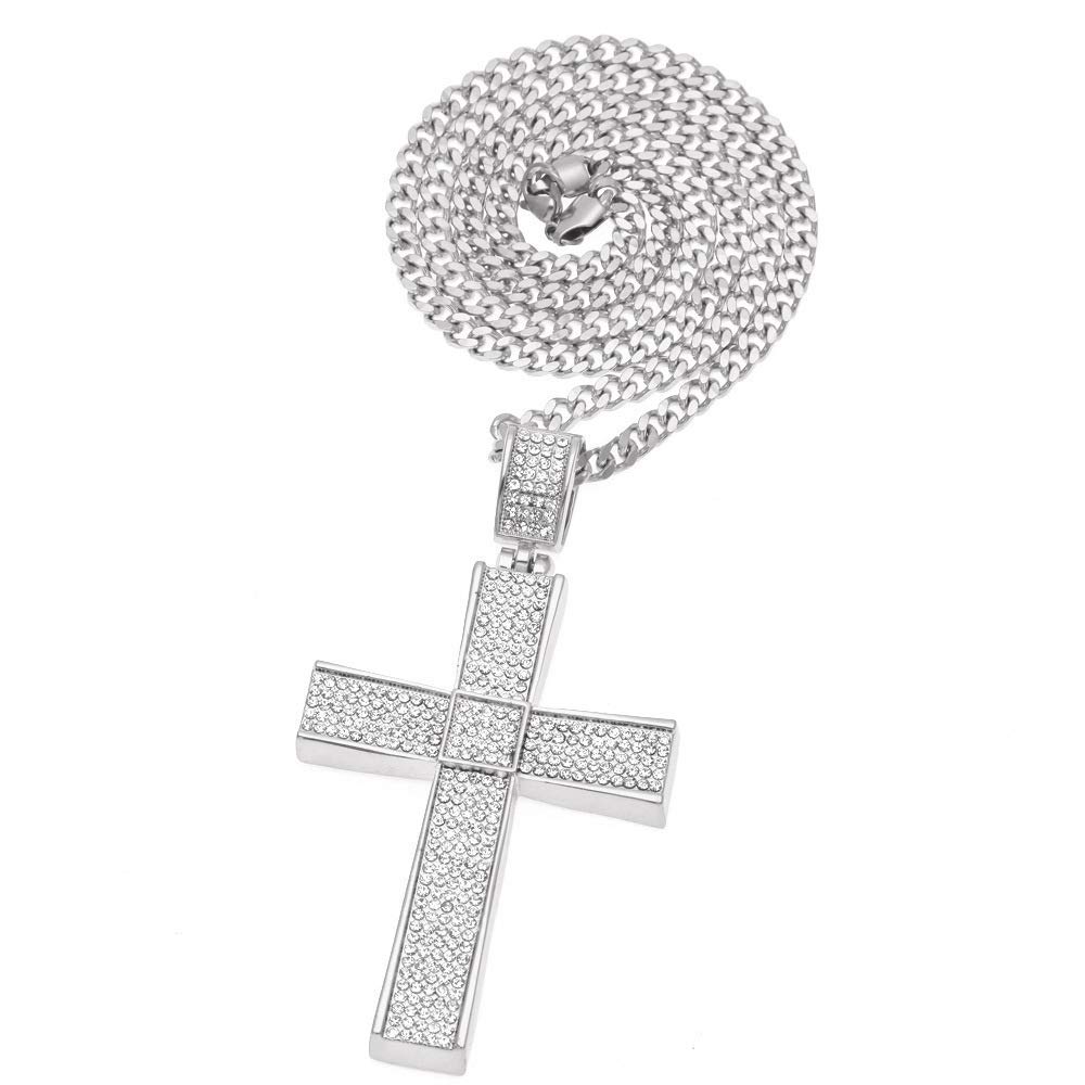 DHRH Full Diamond Big Cross Pendant Necklace Personalised Alloy Craft Unisex Jewelry,Silver