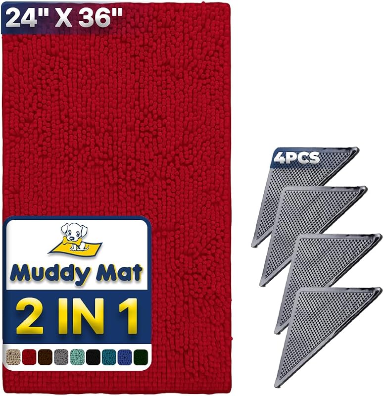 Tapete Absorvente para Cães em Microfibra Chenille Vermelho Muddy Mat 64,77 x 88,9 cm com Pads Antiderrapantes para Cantos, Pacote com 4