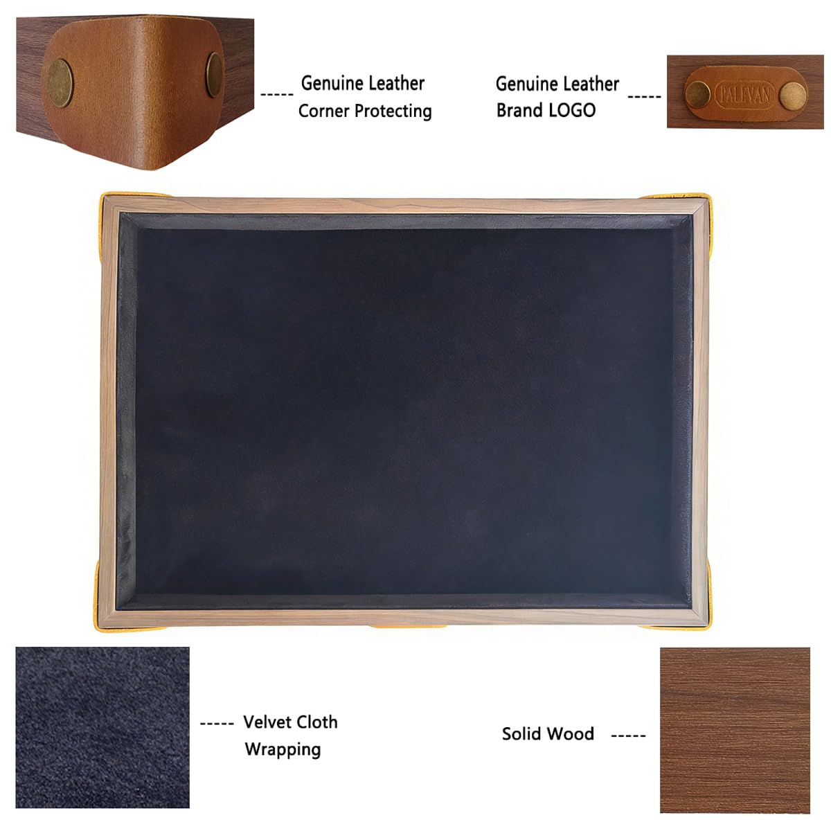 Vassoio in legno massello di noce nero con venature per gioielli, vassoio piatto in velluto per vetrina, cosmetici, comodino, tavolo, scrivania, organizer da scrivania (velluto nero)