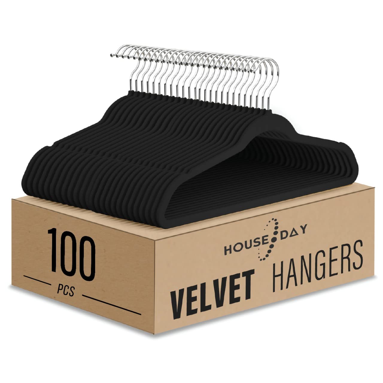 HOUSE DAY 100-Pack Clothes Hangers 45cm Velvet Coat Hangers Non-Slip Space Saving Hangers Adult Hangers ... (Black)