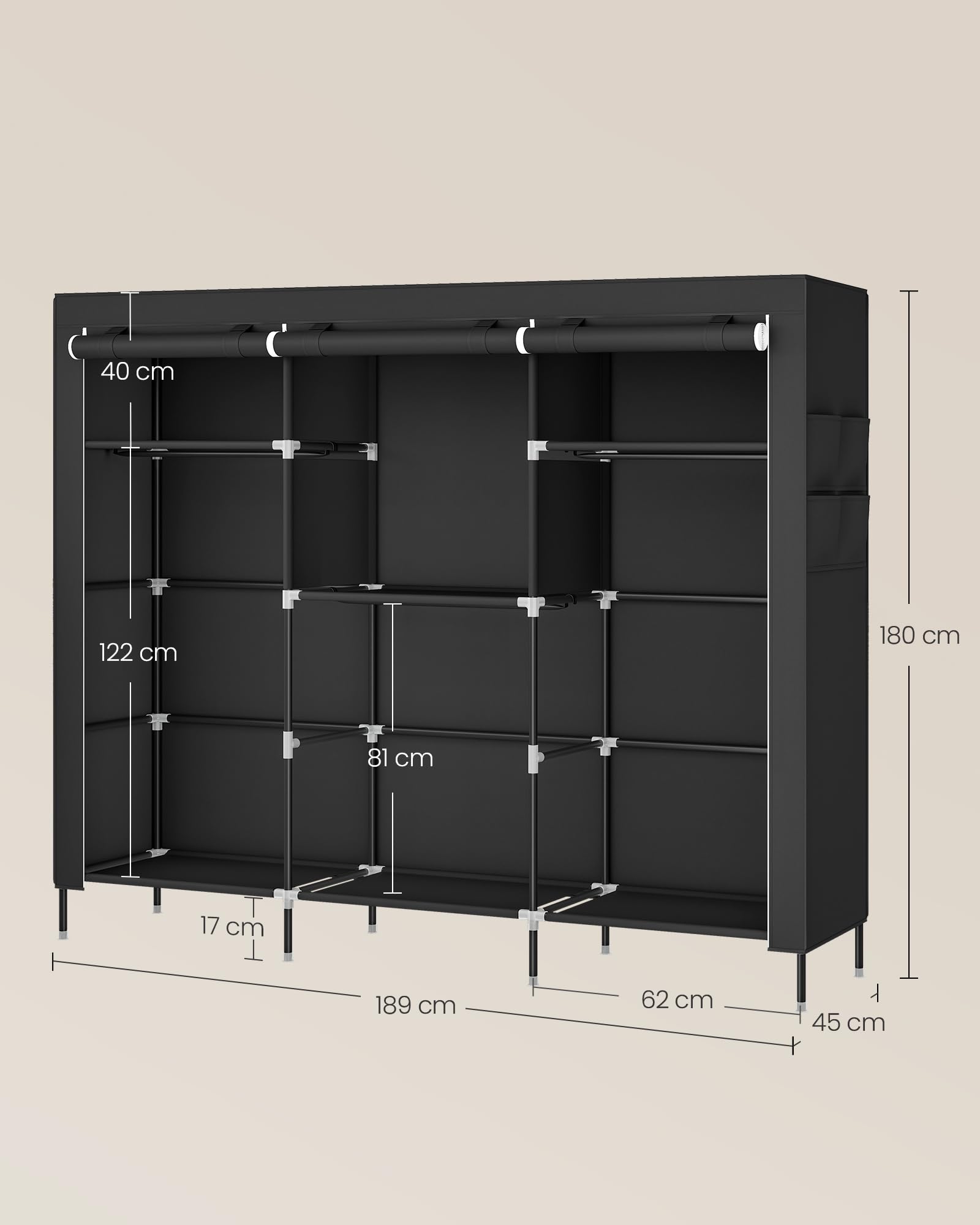 SONGMICS Armoire Chambre en Tissu, Porte-vêtements, Penderie, Étagères, Pochettes, Grande Capacité, 4 Compartiments de Suspension, 45 x 189 x 180 cm, Noir RYG011BZ02