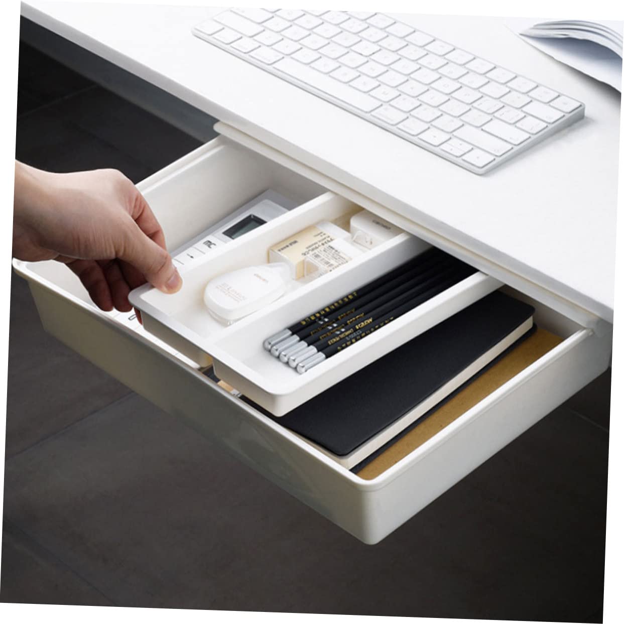 Housoutil Organizzatore del Cassetto in Plastica Resistente Contenitore Portaoggetti per Ufficio e Casa Design Salvaspazio per Scrivania