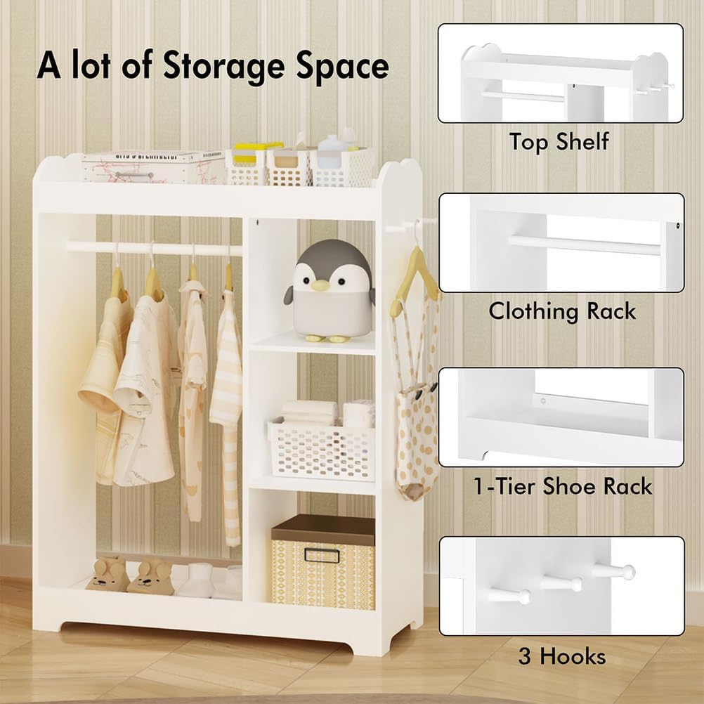 Kids Dress Up Storage, 4-Tier Toy Organizers with Mirror and Hooks, Storage Shelves and Top Shelf, Toddler Costume Organizer with Hanging Rod, 3 Side Hooks,for Bedroom Playroom Preschools