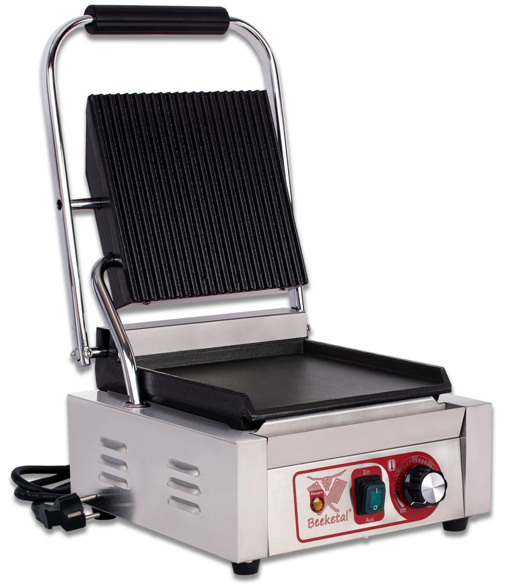 Beeketal 'BKG2' Gastro Kontaktgrill mit Gusseisen Grillpatten (oben gerillt unten glatt) mit Fettauffangschale, Profi Edelstahl Elektrogrill ideal als Panini Grill Maker oder Sandwich Toaster