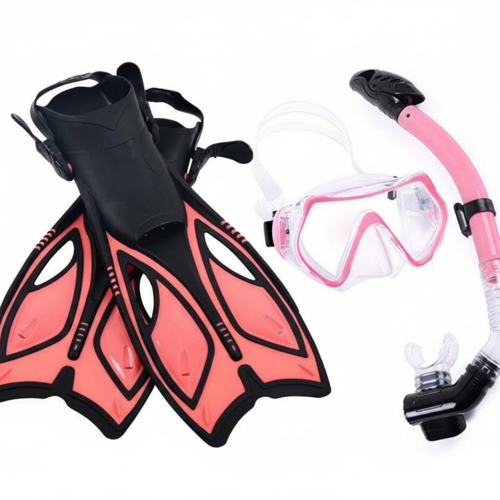 Aletas y Máscara Kit de Snorkel Completo Gafas Visión Vidrio Templado Tubo Seco Evita Entrada de Agua Aletas Abiertas Multitalla Adecuado para Turismo, Rosa, M