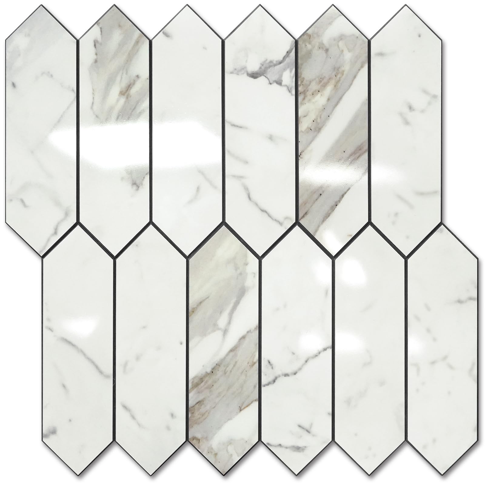Vamos Tile Glossy Dolomite White Backsplash Tile Peel and Stick, 12.8 x 12.8 Inch 10 Sheets Long Hexagon PVC Self Adhesive Mosaic Wall Tiles Stick on Backsplash for Kitchen and Bathroom — view 12