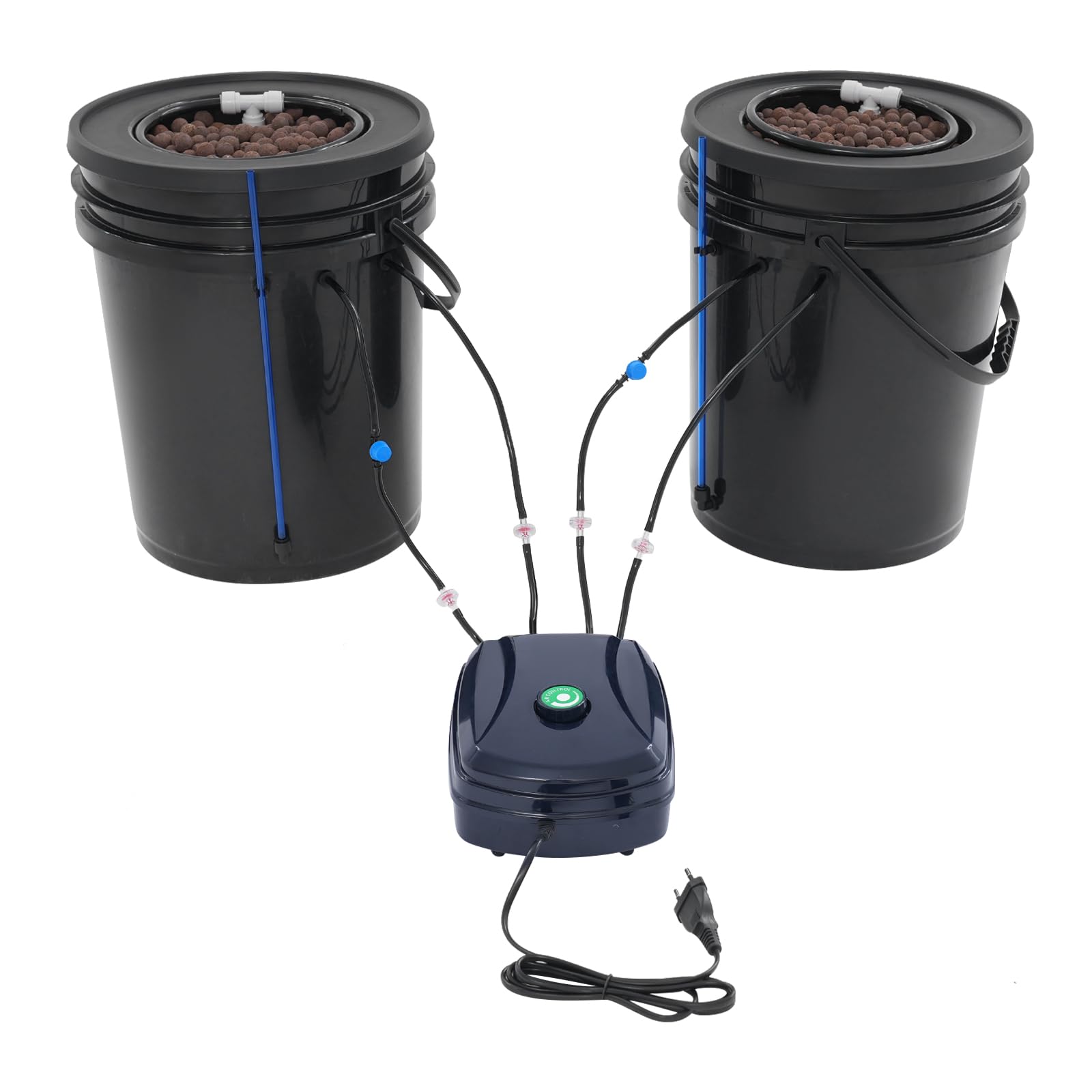 DWC - Sistema hidropónico completo con bomba de aire de 12 W, 2 cubos de 5 galones, sistema de cultivo hidropónico, 2 bolsas de ceramsite, kit de goteo para ollas