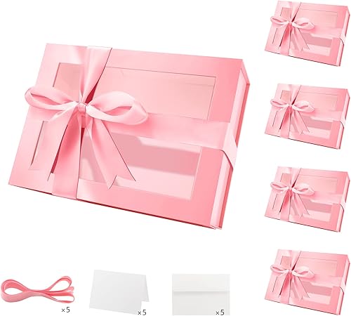 PACKQUEEN 5 cajas de regalo rosas para el día de San Valentín con ventanas, 9 x 6.5 x 3.8 pulgadas, cajas de regalo transparentes para el día de San