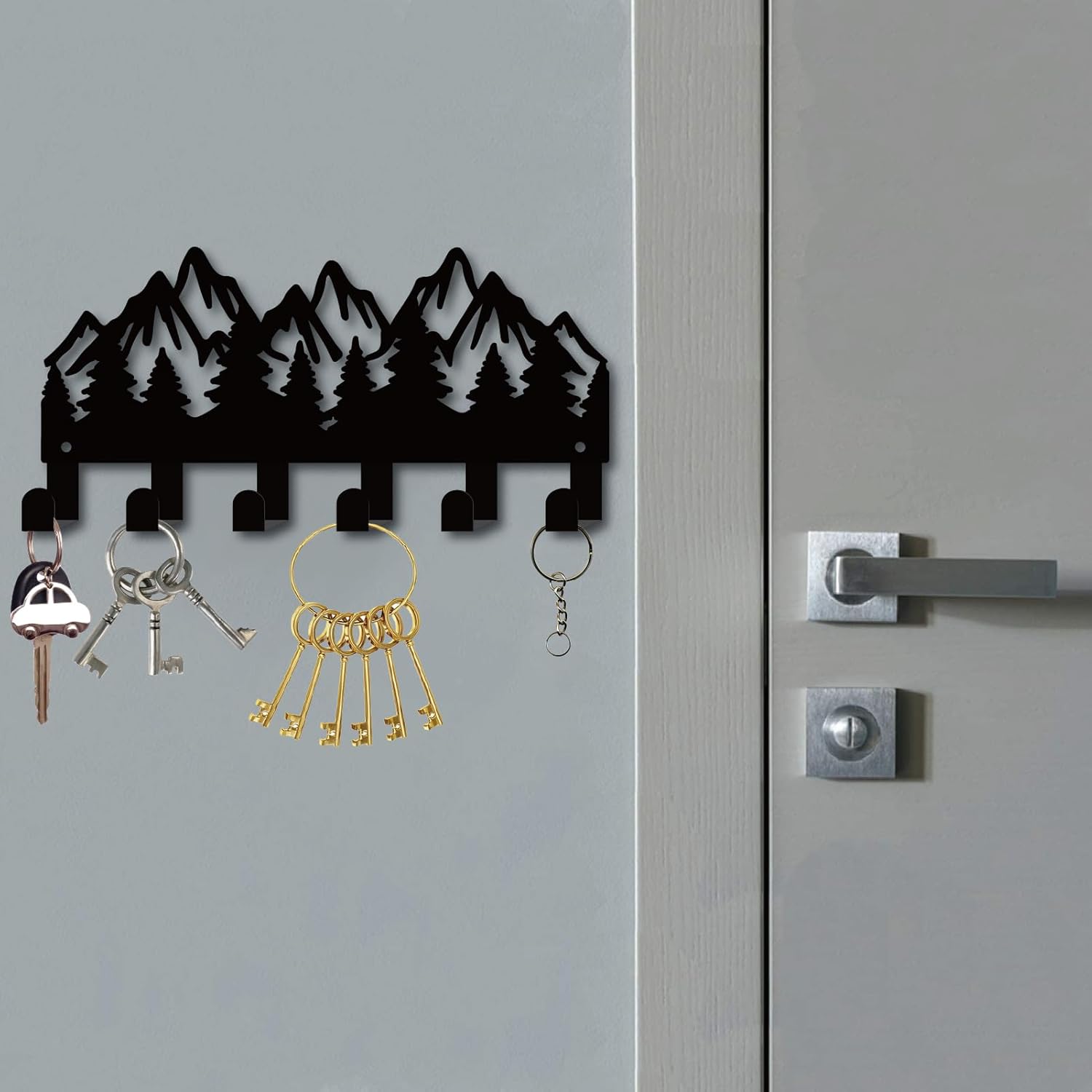 CREATCABIN Forest Coat Rack Wall Mounted Key Holder Black Metal Key Hanger Organizer with 6 Hooks Mountain Tree Decorative Coat Towel Clothes Hanging Rack for Front Door Entryway Storage 10.6x5.1 Inch