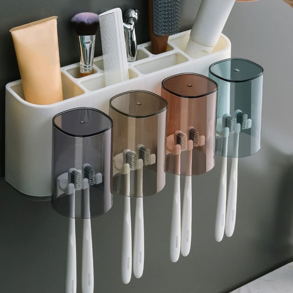 Estante para Cepillos de Dientes Organizzatore da Bagno Montato a Parete a Parete da Denti 4 Slot di spazzolino con Quattro Tazze e Set del Supporto for Compressione del dentifricio(B)