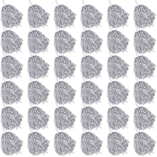 yzhweln 36 Pcs Silver Cheerleading Pom Poms - School Spirit Shakers Metallic Foil Cheering Pompoms Cheer Pom with Baton Handle Plastic Squad for Adults Team Spirit Sports Party Cheering (36, Silver)
