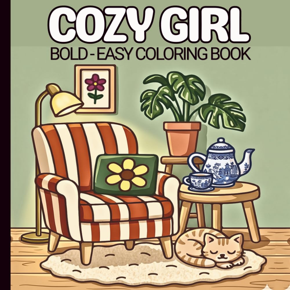 Cozy Girl Bold and Easy Coloring Book: Simple Illustrations for Stress Relief, Featuring Flowers, Food, Patterns, Cute Objects and Much More, Perfect For Adults, Teens and Kids.