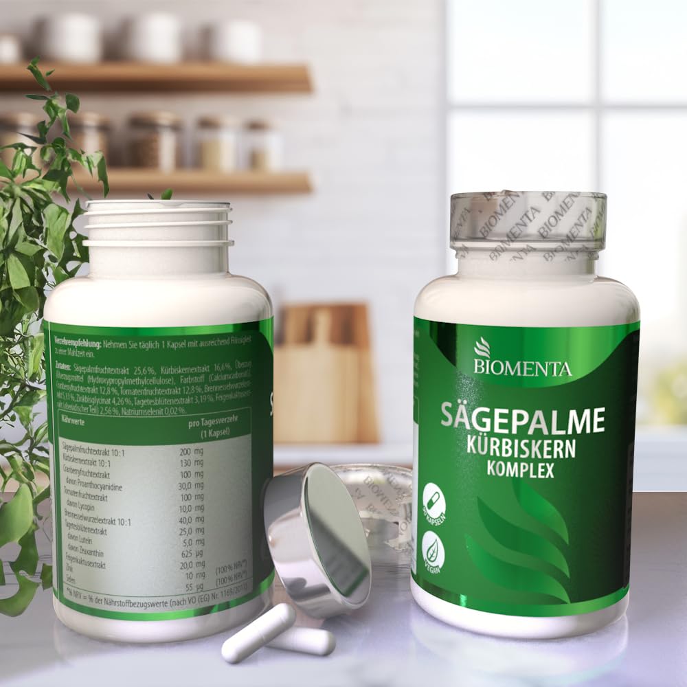 BIOMENTA Sägepalme Kürbiskern Komplex – 90 hochdosierte Kapseln - synergetischer Wirkstoffkompex + Cranberry, Tomate, Brennessel, Lutein, Zeaxanthin, Feigenkaktus + Zink & Selen