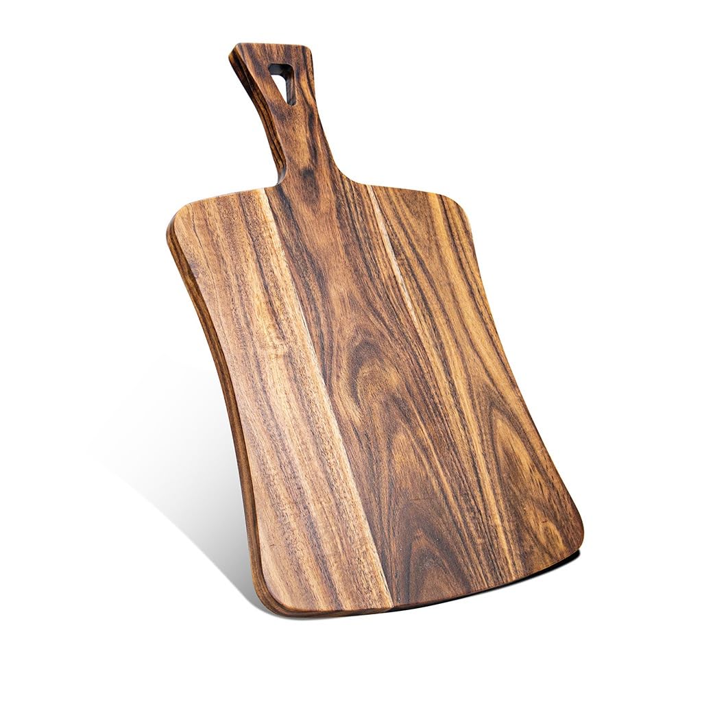 Deska do krojenia z drewna akacjowego z uchwytem, blat z litego drewna do krojenia mięsa, chleba, warzyw i owoców, deski do serwowania sera delikatesowego (46 x 26 x 1,5 cm)