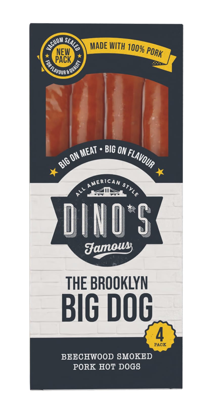 Dino's Famous All American Style The Brooklyn Big Dog, 4 Beechwood Smoked Pork Hot Dogs 360 g (Pack of 1)