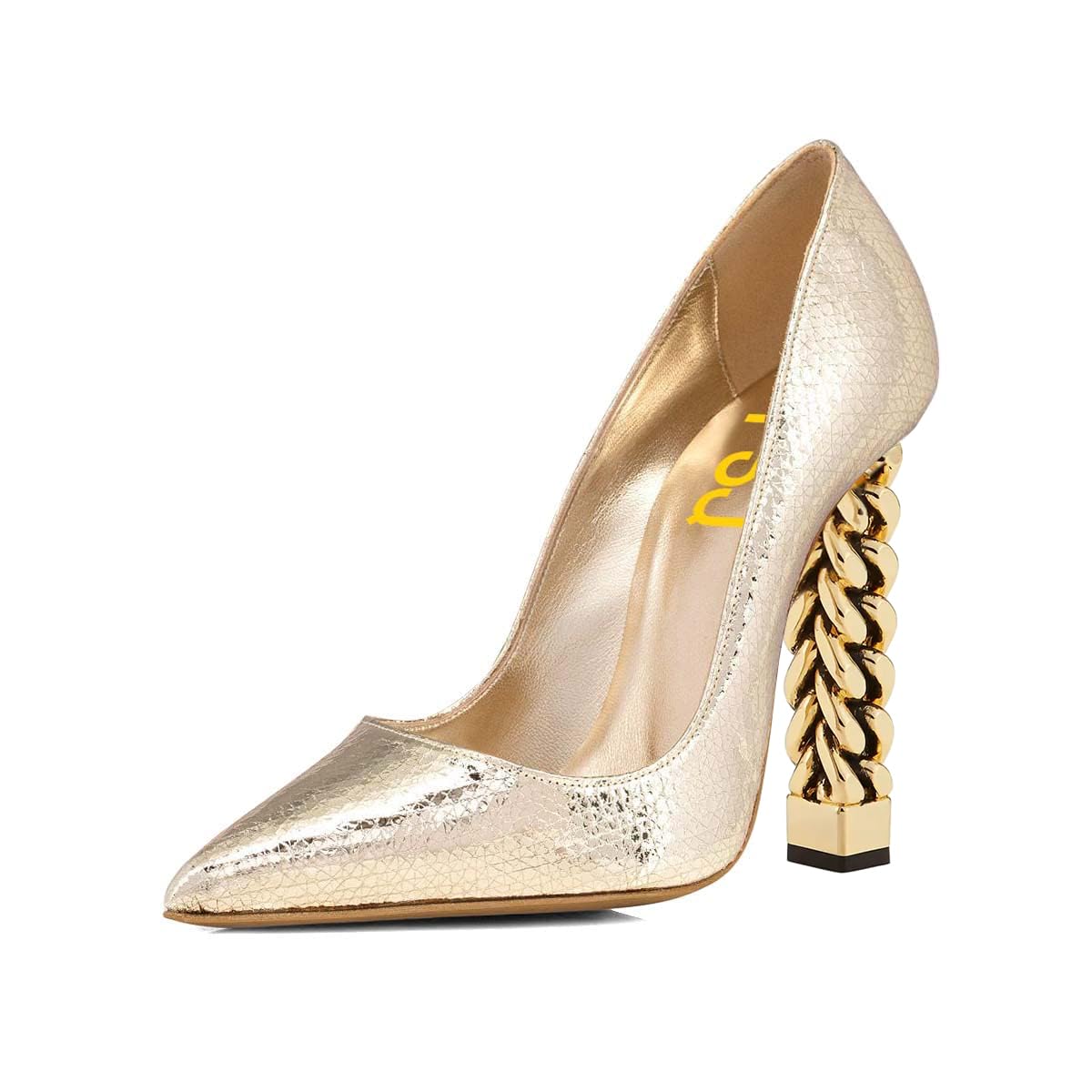 FSJ Women Gold Metal Chain Chunky High Heel Pointed Toe Slip On Fashion Party Prom Pumps Wedding Sexy Shoes Size 4-15 US