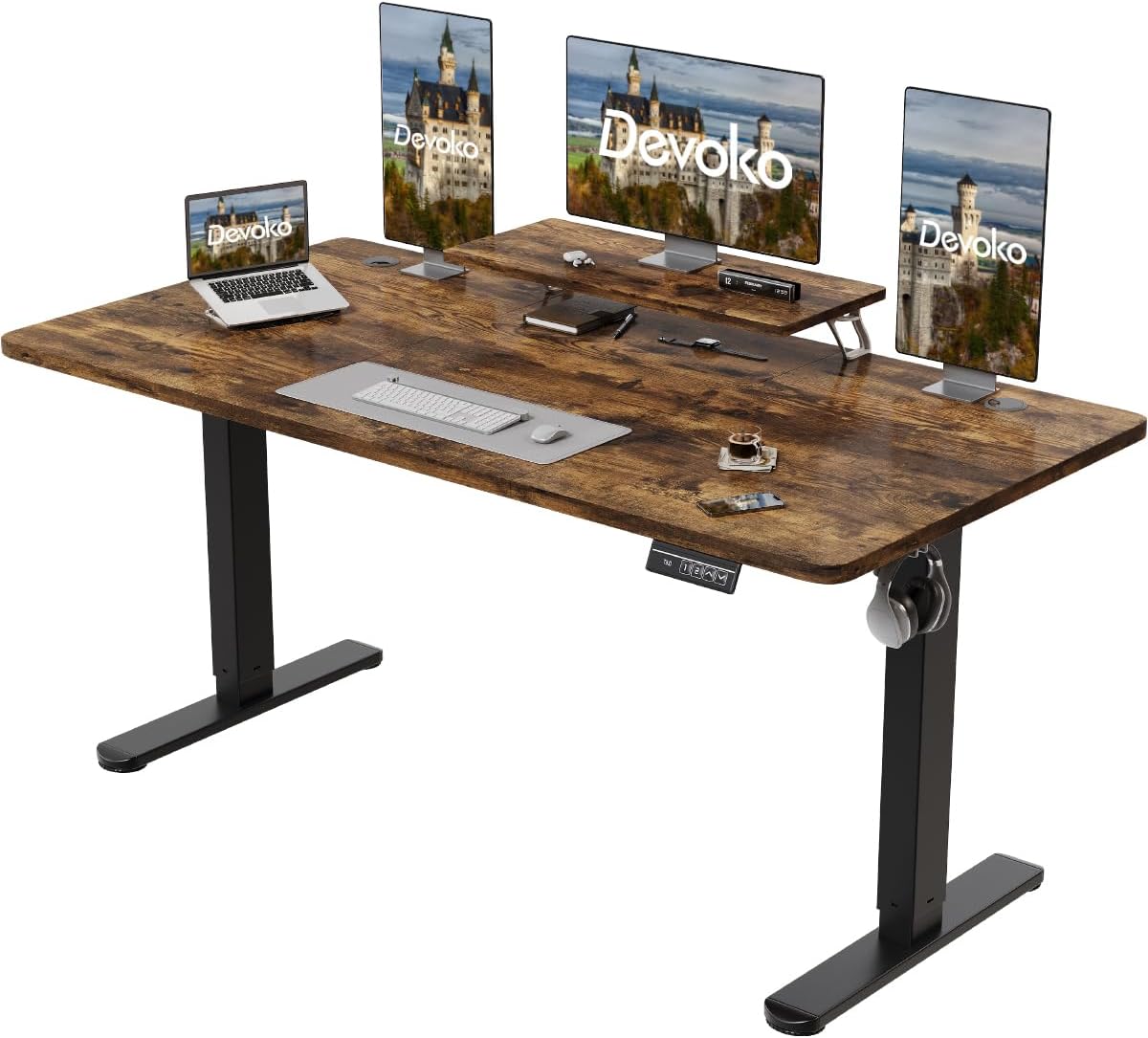 Electric Standing Desk 160 x 70cm with Monitor Stand, Height Adjustable Desk for Gaming, Home Office Table with 2 Memory Smart Pannel (Rustic Brown)