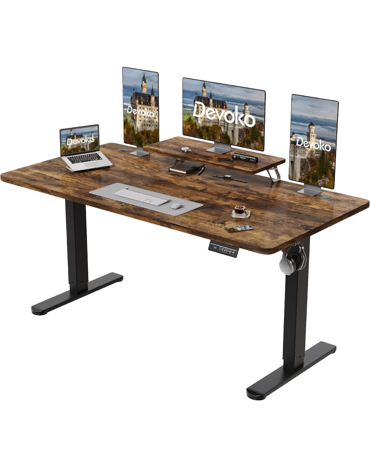 Devoko Electric Standing Desk 160 x 70cm with Monitor Stand, Height Adjustable Desk for Gaming, Home Office Table with 2 Memory Smart Pannel (Rustic Brown)