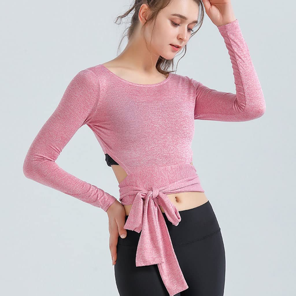 HSQMA Camiseta de yoga de entrenamiento para mujer, camiseta de manga larga sin costuras, ajuste holgado, transpirable, para yoga, entrenamiento, gimnasio, para mujer, ajuste relajado, ligero, cuello