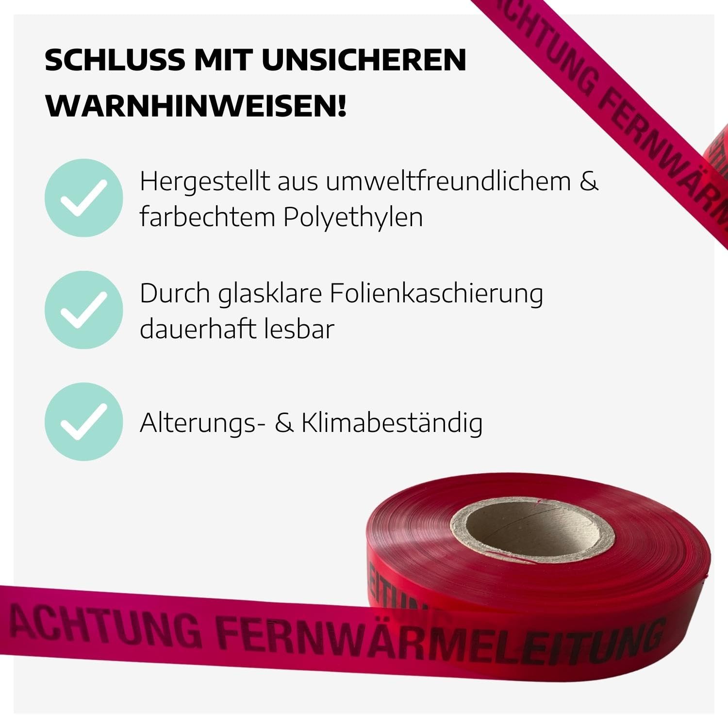 Trassenwarnband Fernwärme I 5 Rollen Erdkabel-Warnband für die Baustelle I 250 m Trassenband Kabel I alterungs- & klimabeständig I umweltfreundliches Warnband rot