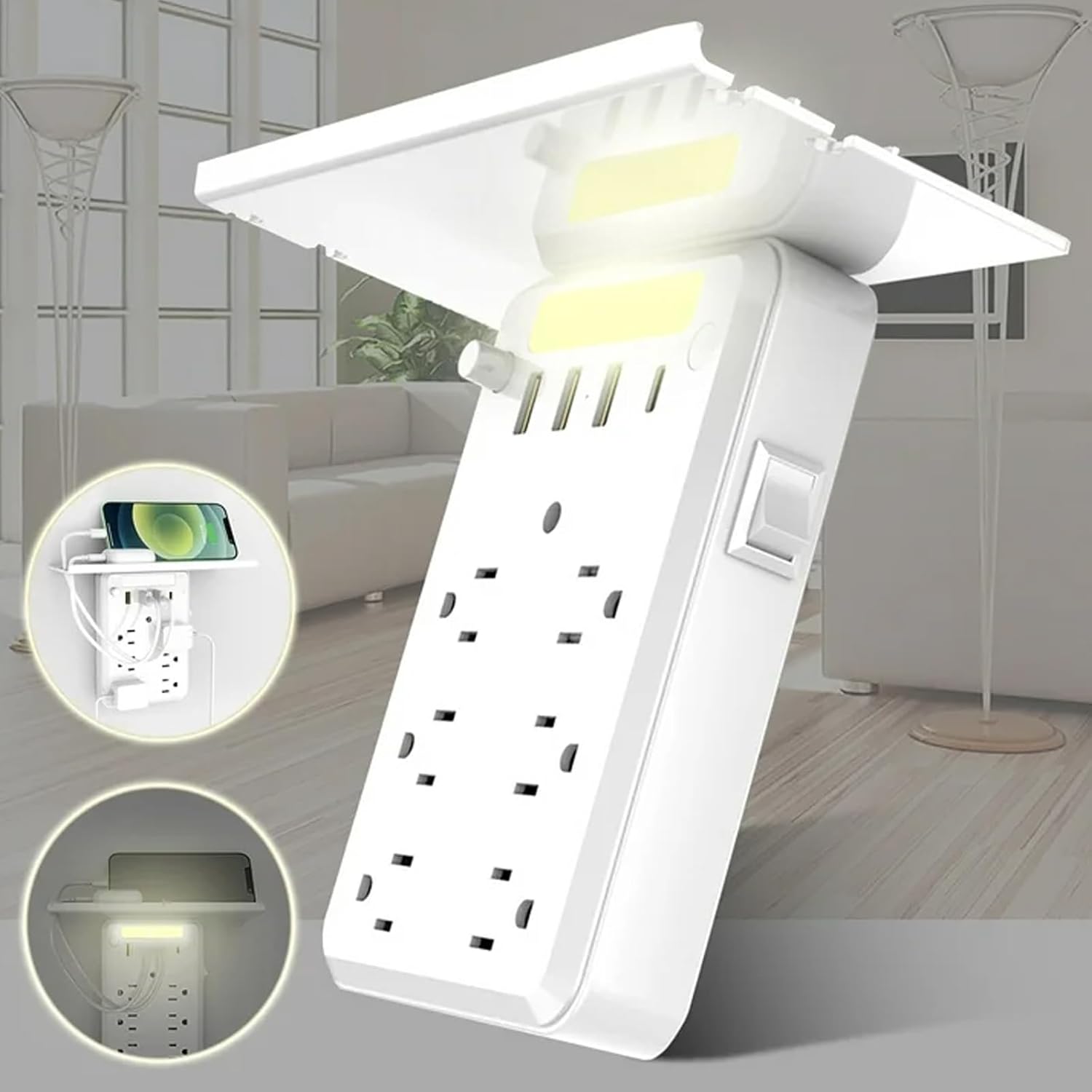 Multi-Plug Outlet with Night Light 2025 Upgraded| 10-in-1 Wall Mountable Outlet Extender with Shelf | 8 AC Outlets, 4 USB Ports, Dimmable LED, Desk Organizer for Home/Office (with Tray)