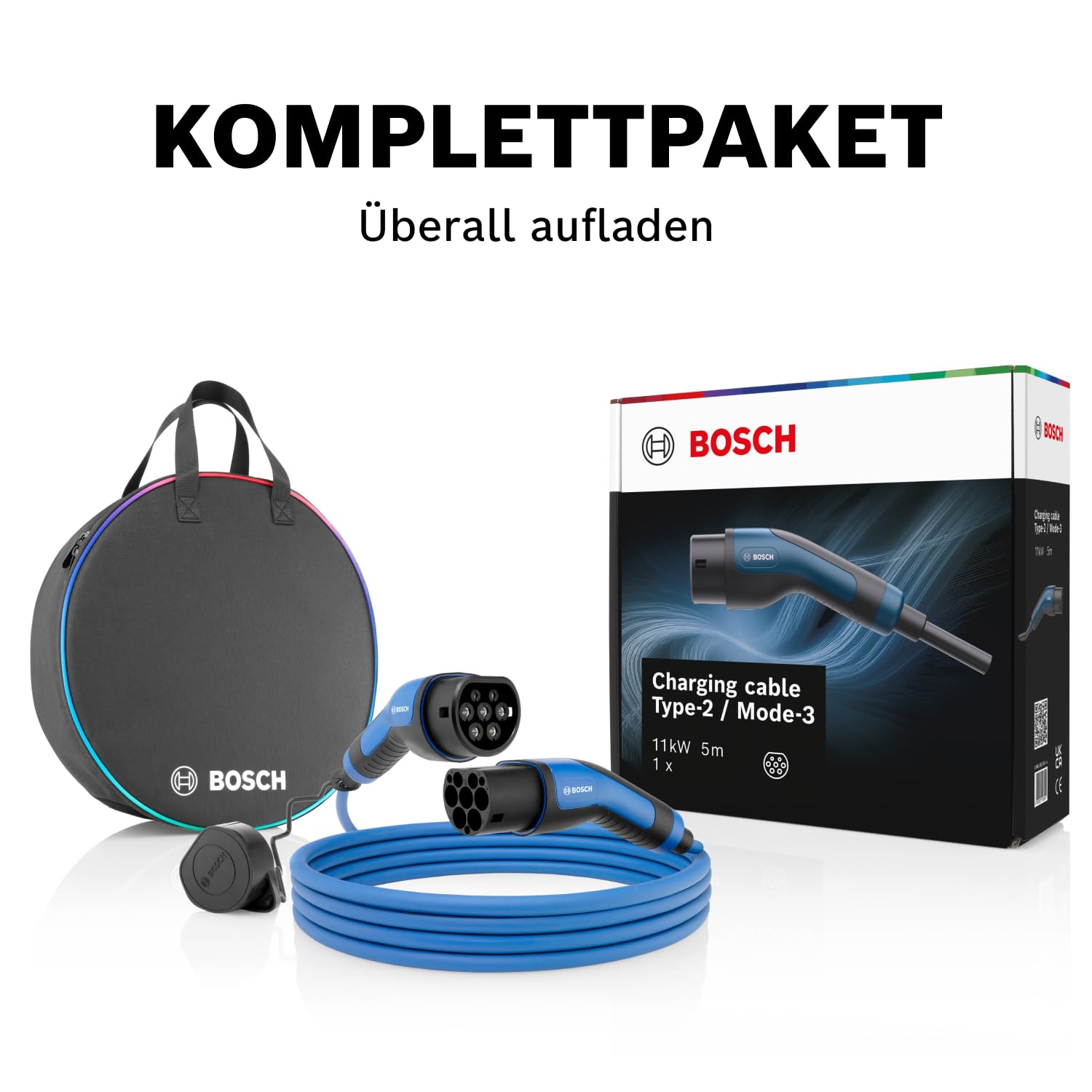 Bosch EV-Ladekabel - Typ 2 zu Typ 2, Mode 3-11 kW, 20 A, 5 Meter | Robustes 3-Phasen-Ladekabel für Elektrofahrzeuge und Plug-in-Hybride, inklusive runder Tragetasche