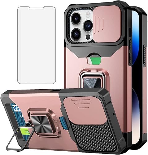NKECXKJ Funda para iPhone 14 Pro con protector de pantalla, soporte para tarjetas, soporte para soporte, resistente, delgada, a prueba de golpes,