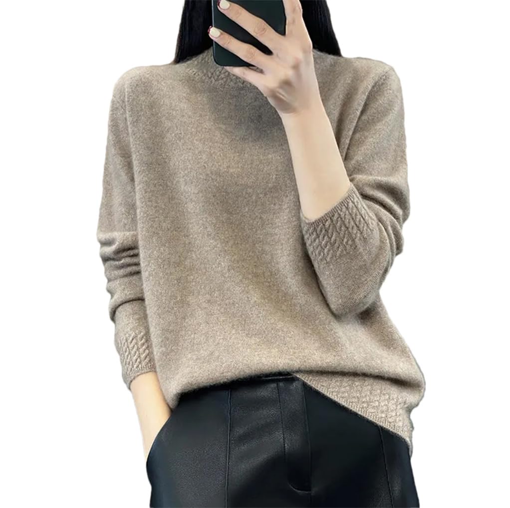 Suéter de lana para mujer, cuello medio alto, suéter de punto suelto para otoño e invierno