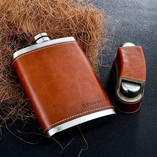 GENNISSY 8oz Hip Flask for Men - 304(18/8) Stainless Steel Bourbon Whiskey Flask, Leakproof with Brown Leather Wrap - Includes Funnel & 3 Mini Cups for Dad, Gifts, Travel by GENNISSY - Image 6