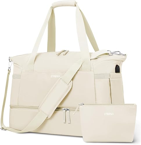 Bolsa de gimnasio ETRONIK para mujeres, bolsa de viaje con compartimento para zapatos, bolsa de fin de semana con puerto de carga USB, Beige, Grande