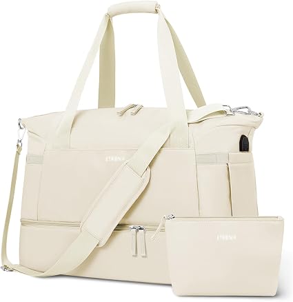 Amazon ETRONIK Gym Bag for Women, Personal Item Travel Bag with Shoes Compartment, Weekender Overnight Duffel Bag with Wet Pocket & USB Charging Port, Carry On Bag for Women, Travel, Gym, Weekend (Beige)