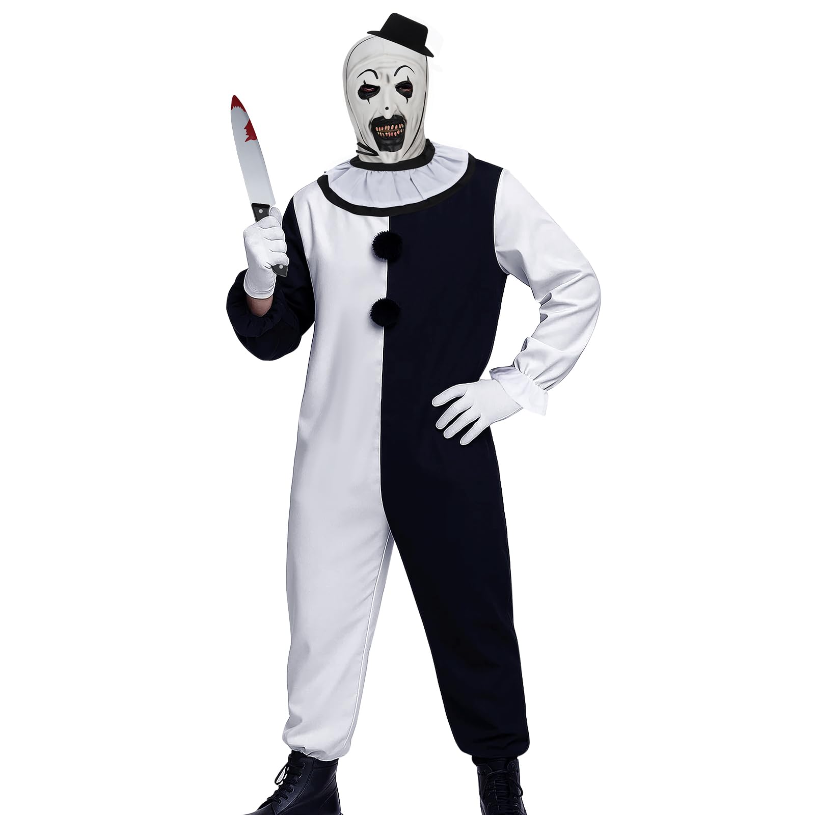 hornight Men Terrifier Jumpsuit Costume Cosplay Outfits Black White Killer Clown Bodysuit Headgear Hat for Halloween-picture-10