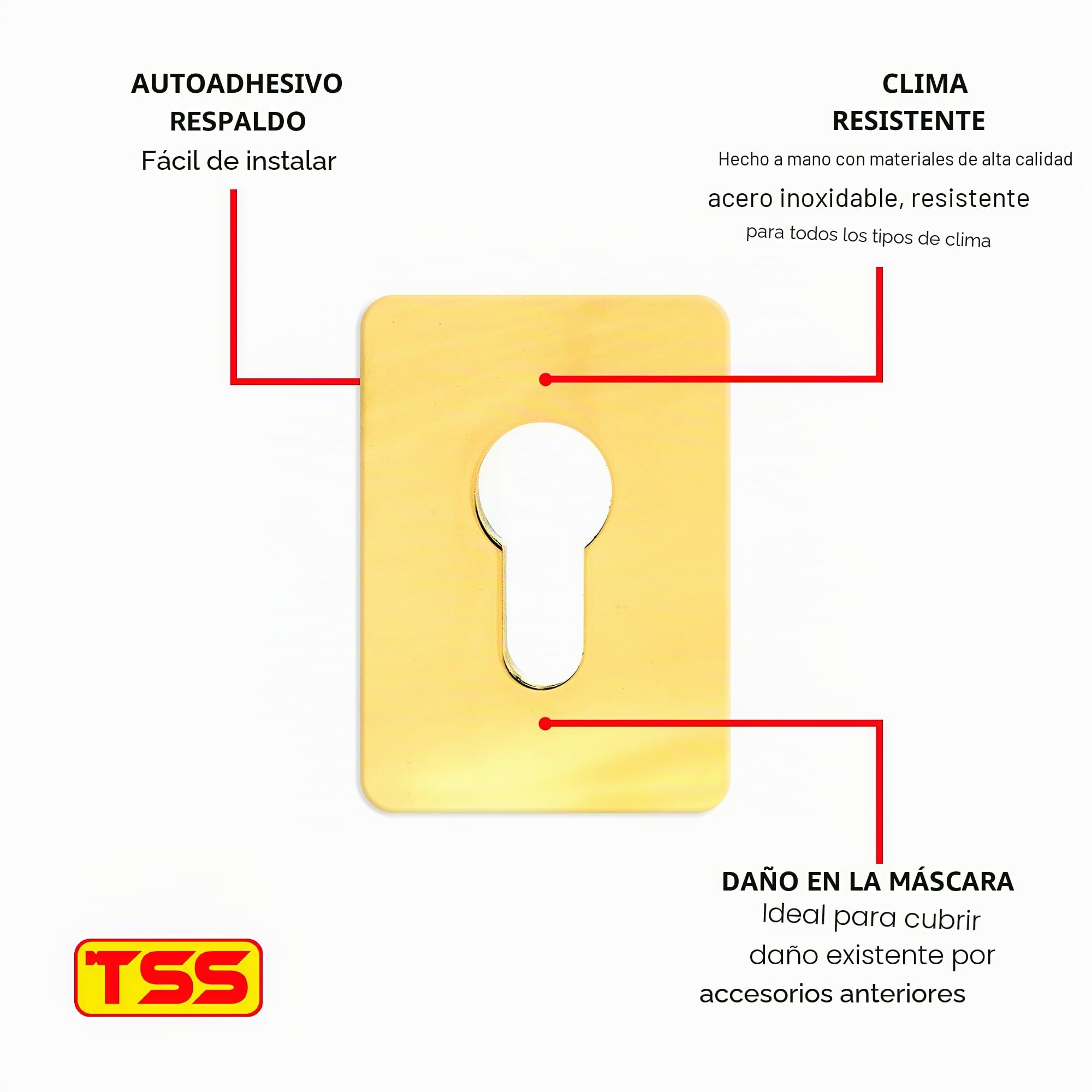 TSS Escudo de Reparación Adhesivo de Cilindro Euro de Latón Pulido, 65mm x 47mm. Cubiertas Autoadhesivas para Llaves de Perfil Euro, Cubierta de Ojo de Cerradura para Cilindro Euro, Placa de Puerta