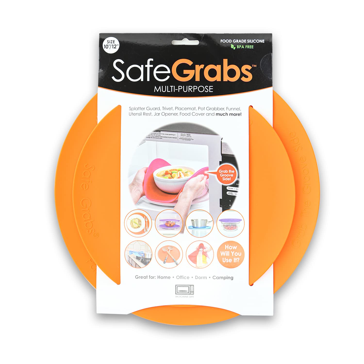Safe Grabs Multi-Purpose Silicone - Original Microwave Mat from Shark Tank | Splatter Guard, Trivet, Hot Pad, Pot Holder, Minimize Mess (BPA-Free, Heat Resistant, Dishwasher Safe), Set of 2, Orange